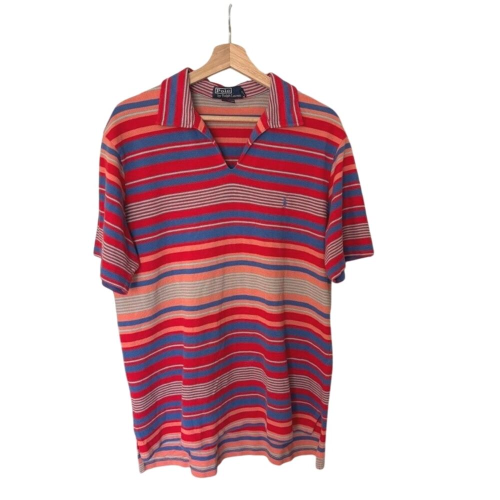 Polo Ralph Lauren Knit V-Neck Polo Red Striped Men's L 100% Cotton Vacation